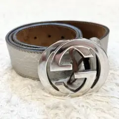 ✨良品✨グッチ ベルト インターロッキング シルバー金具 シマ GG柄 メンズ グッチ ベルト インターロッキングG シマ GG柄 シルバー金具 ユニ