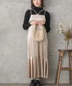 レトロガール　ベロア　キャミ　ワンピース　ベージュ　ロング　マーメイド フレア