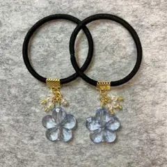 キッズヘアゴム　フラワービーズ　水色半透明オーロラビーズ　ハンドメイド