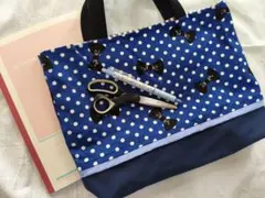 辞書 辞典 お道具袋 25×35 ミニレッスンバッグ　青　ドット　リボン　ブルー