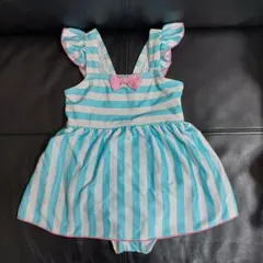 キッズ 女の子 水着　ワンピース　スイムウェア　フリル　ストライプ　リボン　水色