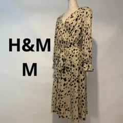 H&M アニマルプリント 長袖 カシュクール風 ミディワンピース Mサイズ