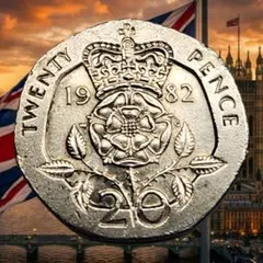ヴィンテージイギリス20ペンス1982年エリザベス2世戴冠チューダー ローズのサムネイル