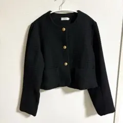 LAUIR 金ボタンツイードジャケット M ブラック 黒 ノーカラージャケット