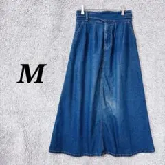 3502: デニム ロングスカート M ブルー Aライン ゆったり 体型カバー