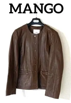 MNG マンゴ　ラムレザーノーカラージャケット　ブラウン　Ｓ/Ｍサイズ