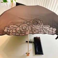 美品✨LANVIN ランバン折りたたみ傘 晴雨兼用遮光 軽量ブラック花柄レース