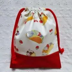 ハンドメイド、猫ちゃんインパンケーキ柄の給食袋、巾着袋、コップ入れ、切り替え赤