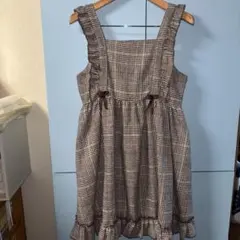 フリル ジャンパースカート ロリータ ブラウン チェック グレンチェック