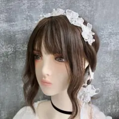 ハンドメイド カチューシャ ヘアクリップ レース 花 量産型 ロリータ 姫系　白