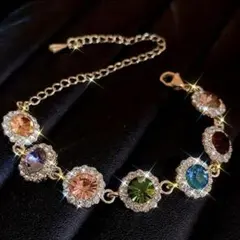 華やか カラフルブレスレット 14KGP フリーサイズ 高品質 ジルコニア✧