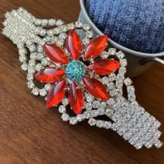 1424ヴィンテージ◎France製刻印ヒヤシンスオレンジガラスフラワーバレッタ