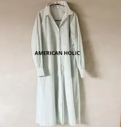 AMERICAN HOLICストライプ 長袖 シャツワンピース グリーン系　F