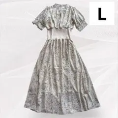 ワンピース レディース 夏 白 L 立ち襟 ゴムウエスト 花柄 レトロ きれい