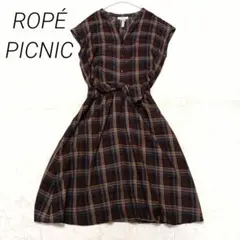 ロペピクニック　チェック　ワンピース　フレア　フレンチスリーブ