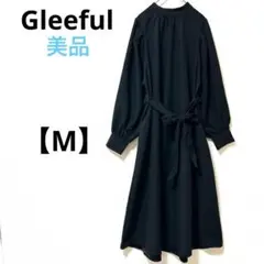 美品　Gleeful【M】ロングワンピース　長袖　ブラック　無地　ウエストリボン