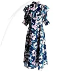 And Couture フリル袖 花柄ロングワンピース シフォン ネイビー M