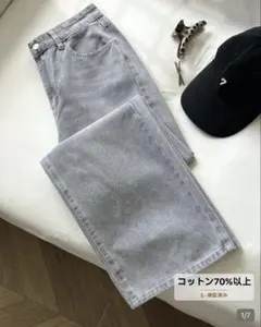 SHEIN レディース ワイドレッグ デニムパンツ グレー