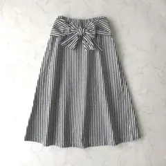 Demi-Luxe BEAMS リネン混 リボン付 ストライプスカート 手洗いのサムネイル