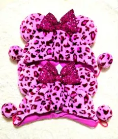 ミニー　ファンキャップ　ヒョウ柄　ピンク　２個　隠れミッキー両耳にあり