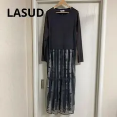 新品タグ付き LASUD 異素材ドッキングワンピース ニット シアー ワンピース