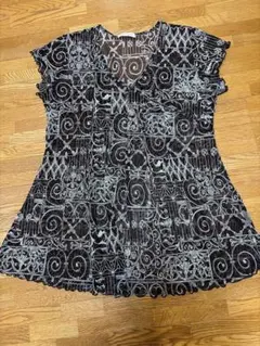 総柄 抽象柄　半袖 Vネック シアー素材 チュール チュニック 焦茶