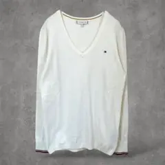 トミーヒルフィガー　長袖ニット　セーター　S　白　Ｖネック　シンプル　ロゴ刺繍