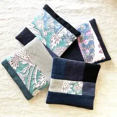 【3/12迄の限定価格】ハンドメイド コースター 4点 ꕥ 紫 インド綿 リネン