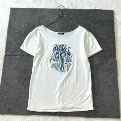 ■r2521【エモダ】S 白 花柄 カットソー 半袖 刺繡 しっとり感生地のサムネイル