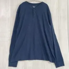 6-12 【XXL】 メローナ ワッフル Tシャツ ヘンリーネック 長袖 紺のサムネイル