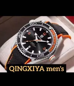 【新品】 QINGXYA メンズ オマージュ クォーツ腕時計 ブラック×オレンジ