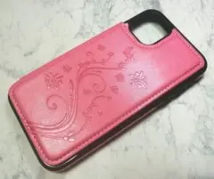 iPhone11 用 スマホケース 手帳型 カード入れ付 蝶 草花 ピンク