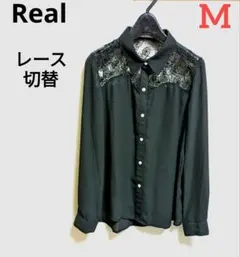 Real❤レース切替え シフォンブラウス ブラック