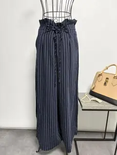 FOREVER21ストライプ ワイドパンツ ネイビー Lハイウエスト リボン美脚