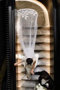 ホワイト レース装飾 ロングウェディングベール