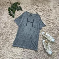 5690❃THM❃プリントカットソー/半袖Tシャツ/杢調/ロング/グレー/L