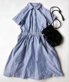イエナ IENA 半袖 ストライプ ウエストマーク シャツワンピース ブルー