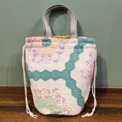 30's アンティークキルト パッチワーク キルティングバッグ 丸底巾着バッグ