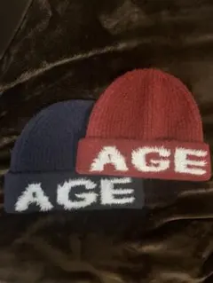 AGE ニット帽 2点セット ワインレッド▶︎文字:水色 紺▶︎文字:水色