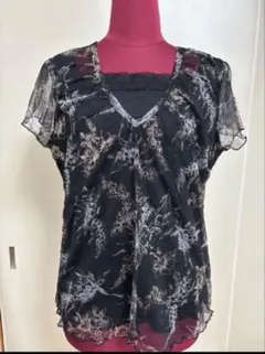 LACIFONELLI 花柄シースルー重ね着風半袖トップス L