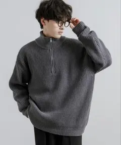 オーバーサイズ畦編みハーフジップニットセーター