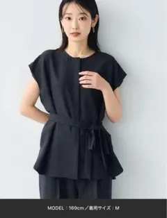 《シワになりにくい》サマナチュラ リネンライクベルト付きフレンチスリーブブラウス