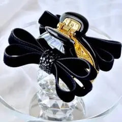 バンスクリップ 木馬ベルベットリボンクリップ ビジューバンスクリップ 黒