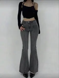 SHEIN デニムパンツ ジーンズ フレア ハイウエスト グレー