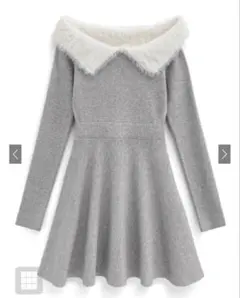 グレー ファー付きオフショルダー ニットワンピース　グレイル