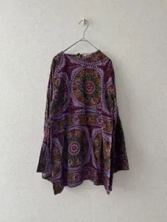 ANNA SUI 花柄シルク混ブラウス パープル S USA製 フレア袖 リボン 