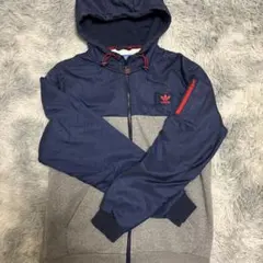 adidas フード付きジャージ ネイビー/グレー
