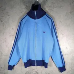 【80s】adidas デサント製 トラックジャケット 水色×ネイビー ジャージ