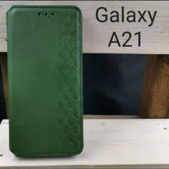 GalaxyA21手帳型高級レザー幾何学グリーンスマホケース