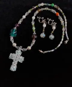 ネックレス イヤリング アイリス硝子 ヴィンテージ硝子 貝パール MIX B20